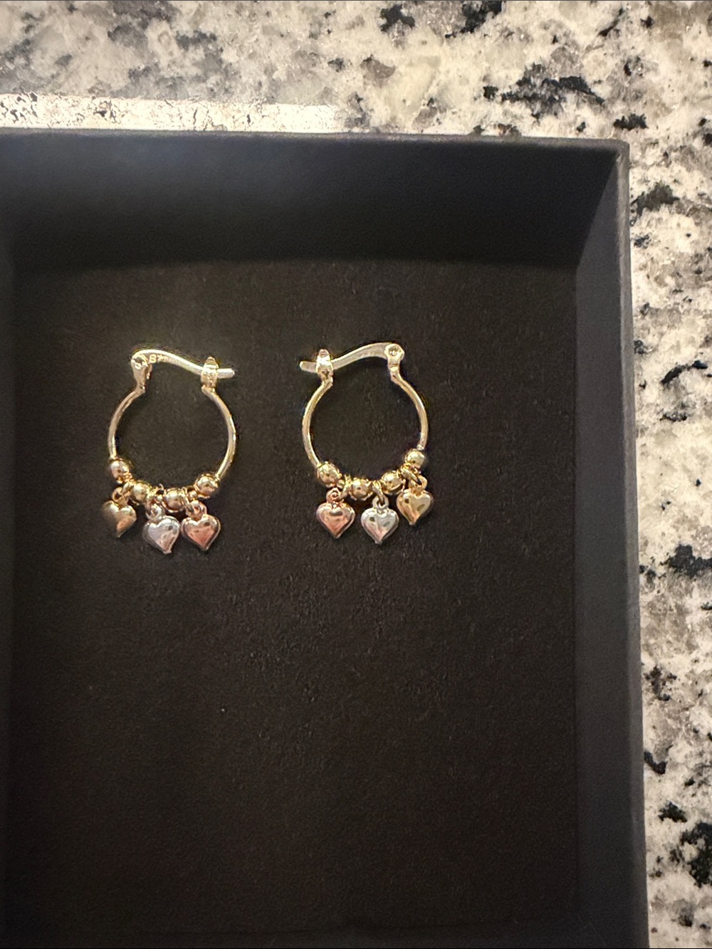 Gold Hoop Earrings with Tri-Color Heart Charms